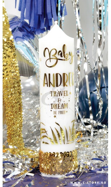 Lumanare de botez personalizata, print folio gold, 30x8cm, Sa fii liber 3